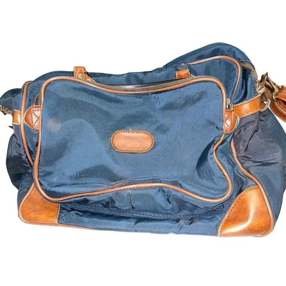 Vintage Overnight Bag canvas with leather trim navy and leather 17” x 11”